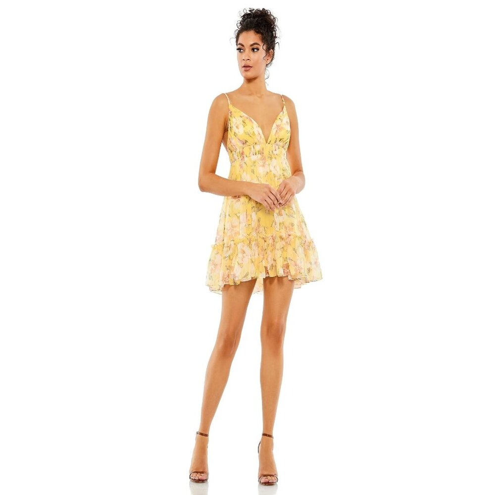 NWT leena Mac Duggal V Neck Floral Mini Dress Lemon Yellow